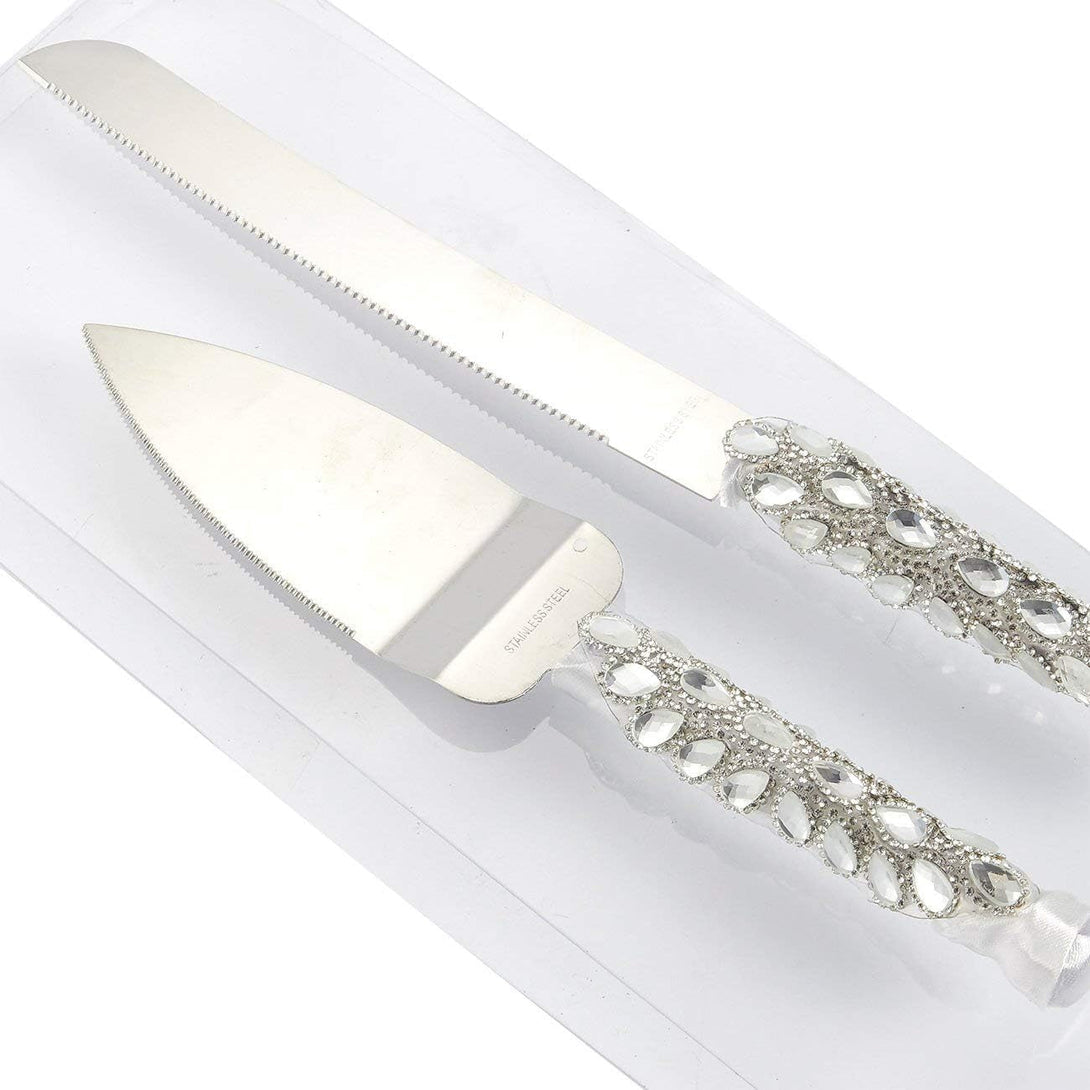 Juvale Stainless Steel Wedding Cake Knife and Server Set for Cake Cutting Ceremony, Embellished with Faux Crystals, Diamonds, Ribbon