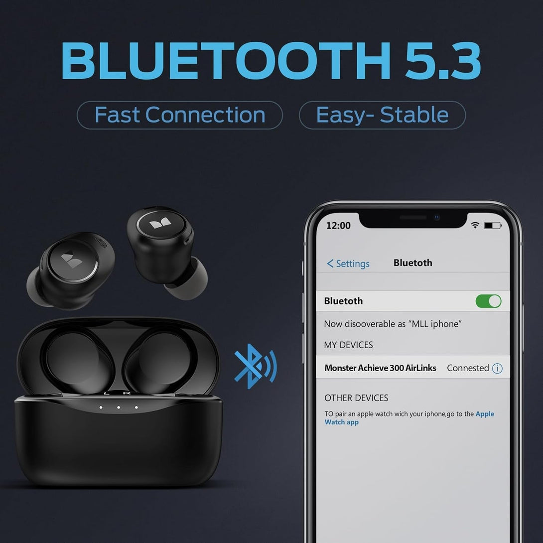 Monster Achieve 300 Airlinks Wireless Earbuds, Bluetooth 5.3 In-Ear Headphones, Touch Control, Built-In Microphone, USB-C Fast Charging, 32H Playtime, Black
