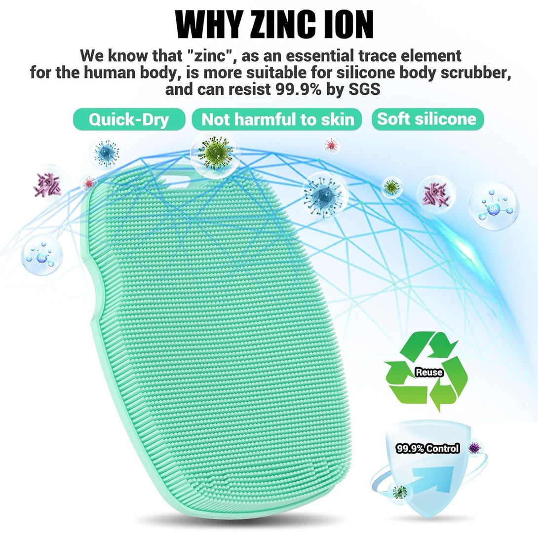 Silicone Body Scrubber - Zinc Infused - Highly Elastic Bristles - Exfoliating Body Scrubber for Cellulite Reduction,Blood Circulation,Massage for Flawless Skin - Green
