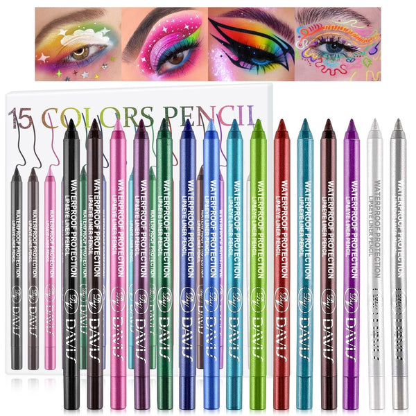 15 Colorful Eyeliner Pen Set, Eye Shadow Pencil, Pearl Eyeliner Kit Metallic Glitter Colored Eye Liner for Women Eye&Lip Liner Professional Waterproof Eye Makeup