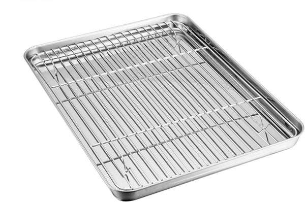 Teamfar Baking Sheet with Rack Set, Stainless Steel Baking Pan Tray Cookie Sheet with Cooling Rack, Non Toxic & Healthy, Easy Clean & Dishwasher Safe