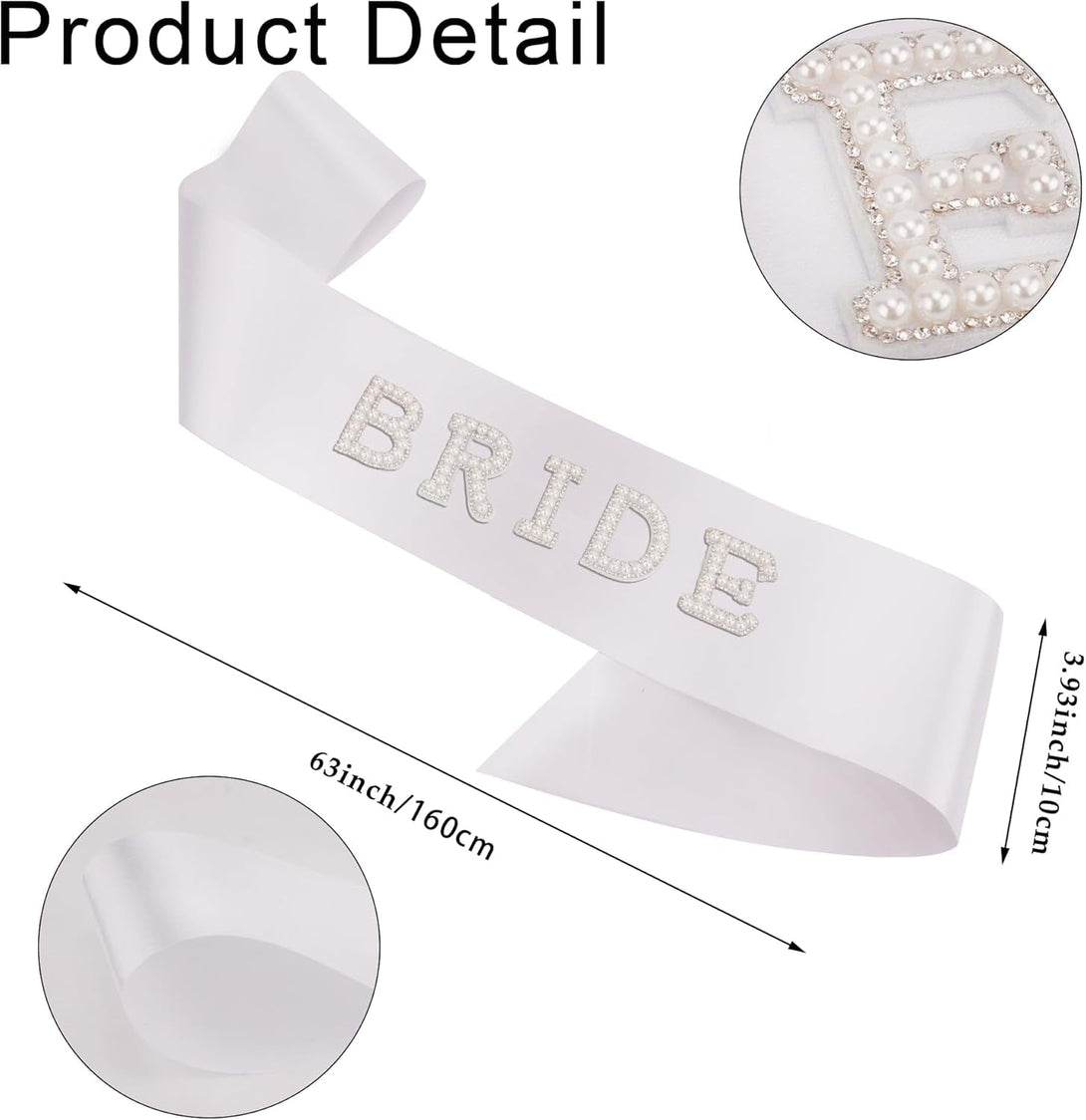 Chanaco Bride to Be Sash Bridal White Veil for Wedding 2Pcs Bride Pearl Satin Sash Bachelorette Party Decorations Double Edge Center Cascade Bridal Shower Veil with Comb Engagement Gifts