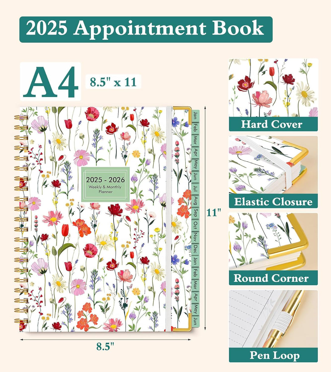 2025 Appointment Book, 2025 Academic Planner 18 Months Weekly and Monthly (January 2025 - June 2026), 8.5"X11" Daily Hourly Planner 60-Minute Time Slots, Spiral Calendar Schedule Book for Work Home School, Wildflower Garden
