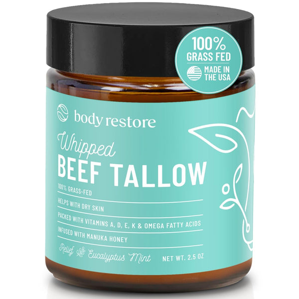 Body Restore Grass Fed Whipped Beef Tallow for Skin, Face, Body, Dry Skin - with Manuka Honey, Jojoba Oil, Mothers Day Gifts, Gift for Mom, Wife, Dad, Best Friend, Travel Essentials - Eucalyptus