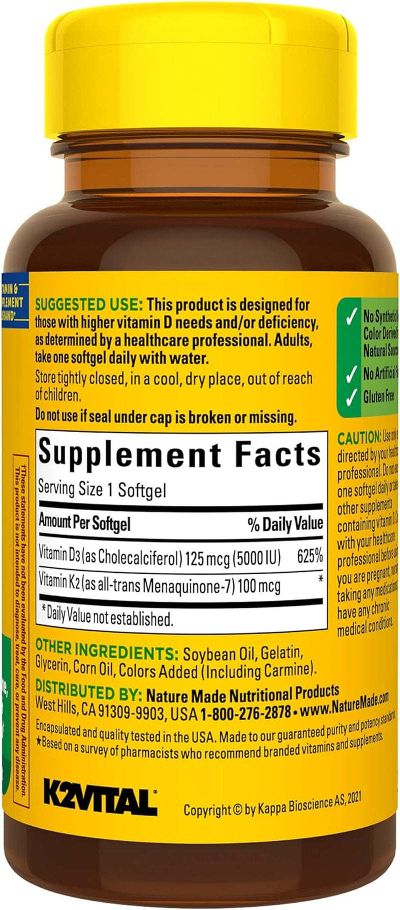 Nature Made Vitamin D3 K2, 5000 IU (125 Mcg) Vitamin D, Dietary Supplement for Bone, Teeth, Muscle and Immune Health Support, 30 Softgels, 30 Day Supply