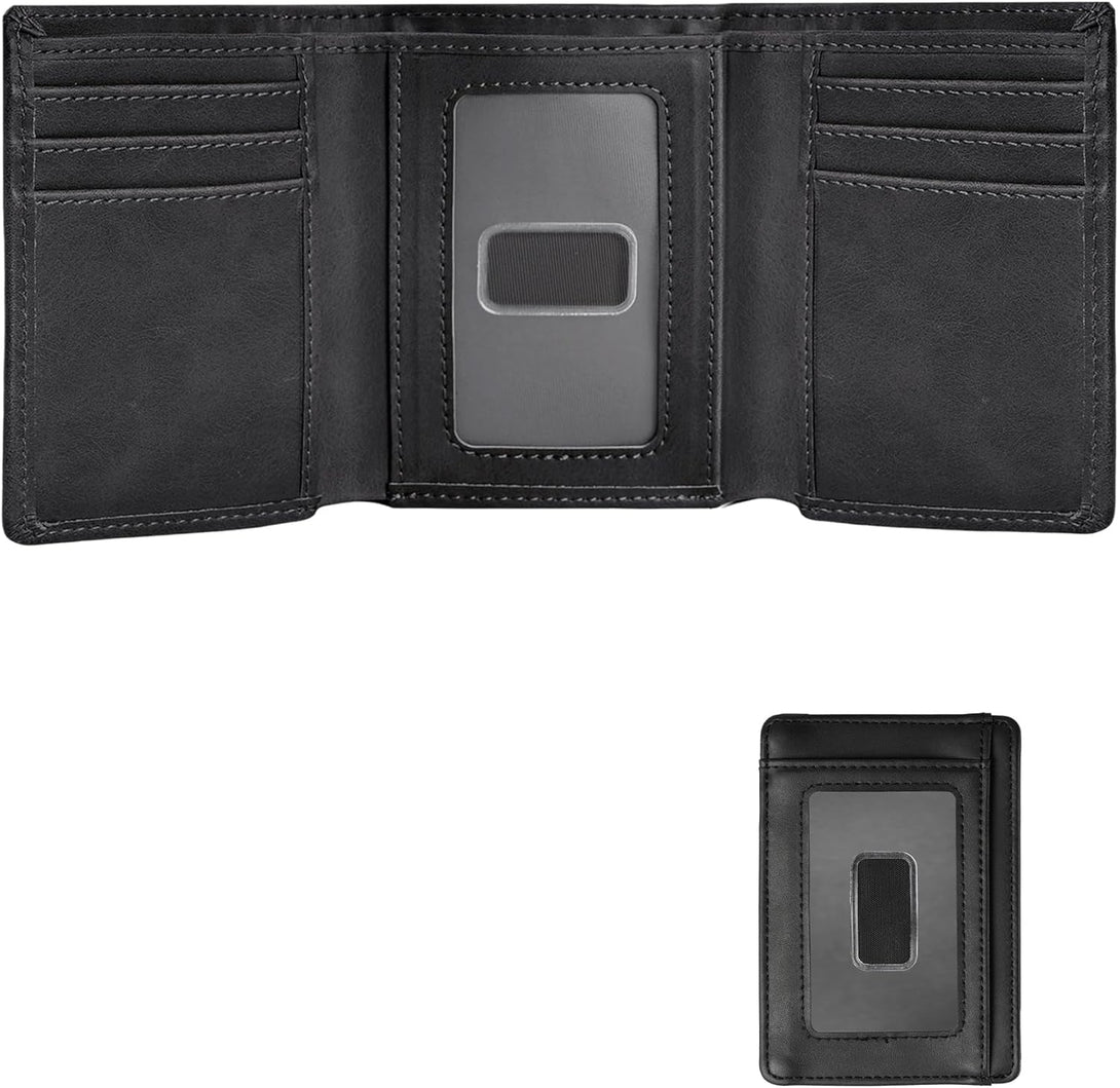 Trifold Wallet for Men Wallets with 8 Card Slot and 2 Money Pocket and 1 Clear Windows Slot + 1 Slim Card Pocket for Credit Card with 6 Card Slot and 1 Transparent Windows Slot - Black