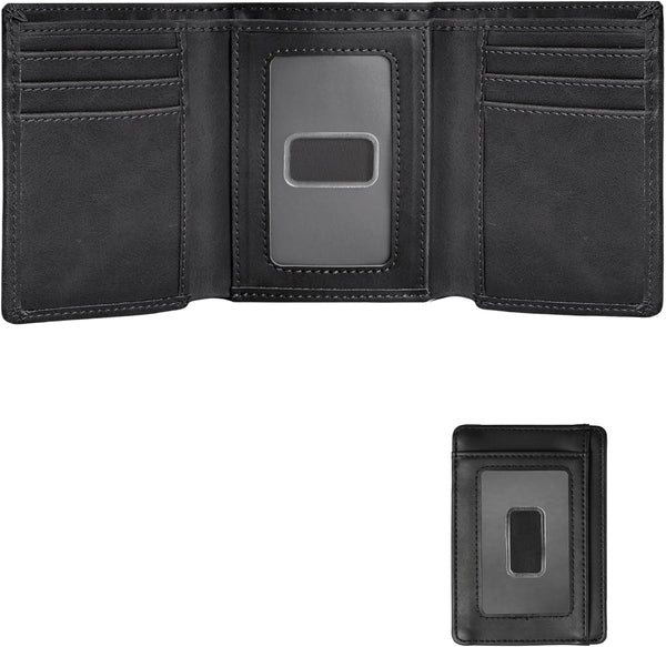 Trifold Wallet for Men Wallets with 8 Card Slot and 2 Money Pocket and 1 Clear Windows Slot + 1 Slim Card Pocket for Credit Card with 6 Card Slot and 1 Transparent Windows Slot - Black