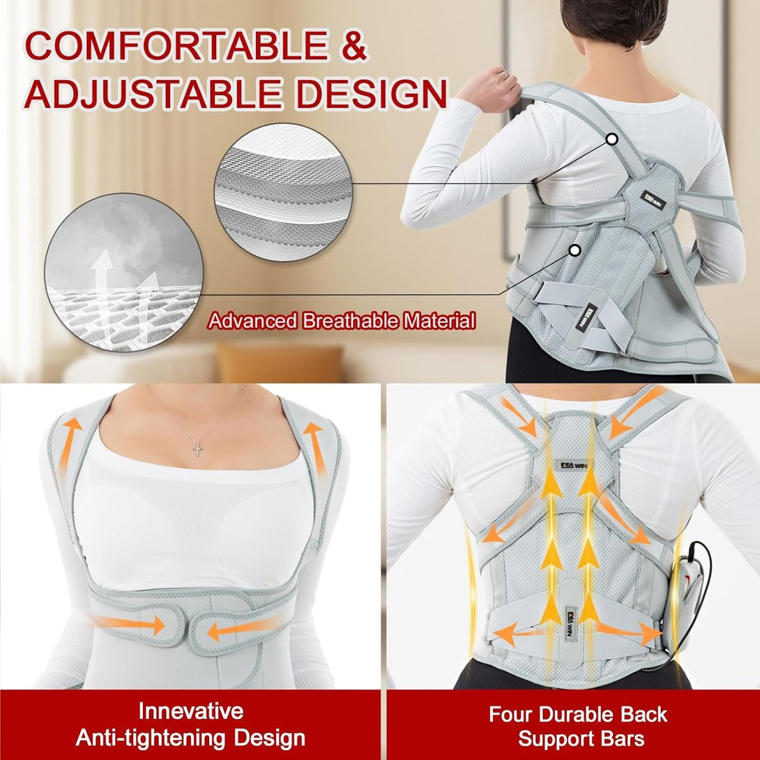 Back Brace Posture Corrector for Women and Men with Detachable Heating Pad - Adjustable Posture Corrector Belt, Relieve Pain in Upper and Lower Back, Waist, and Shoulders (Gray, Medium)