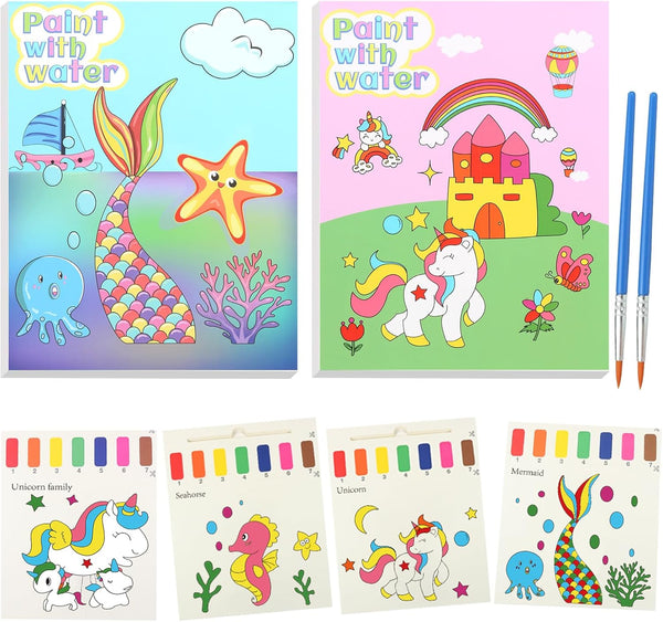 2 Pack Paint with Water Coloring Books Kit - Water Color Painting Paper Arts and Crafts for Toddlers Kids Ages 3 4 5 6 7 8 Year Old - Mermaid & Unicorn Gifts for Girls (Sea Animal & Princess)