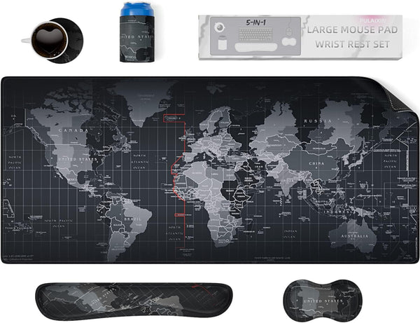 5 in 1 Keyboard Mouse Pad Set, Mouse Pad Wrist Support, Extended Gaming + Keyboard Wrist Rest Support, (34.5Ã—15.7 In) Large Ergonomic Mousepad Desk Mat Combo -Black World Map (1-5 Sets-World Map)