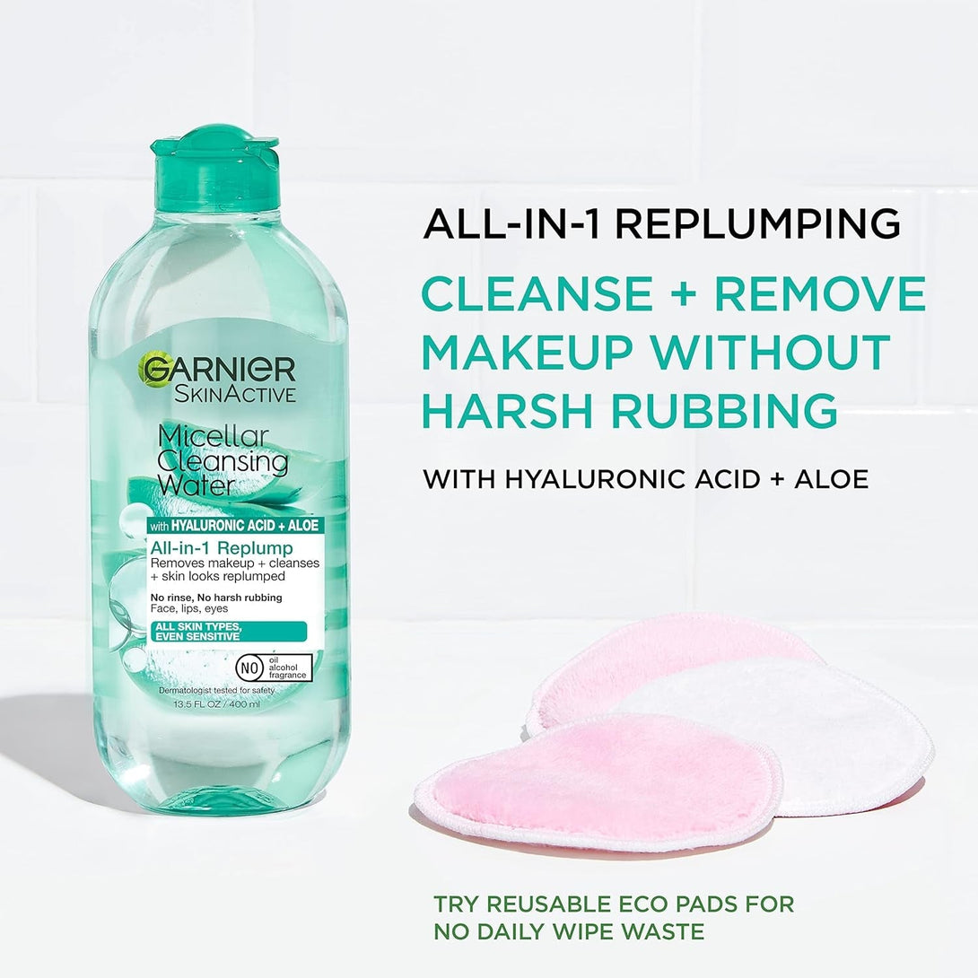 Garnier Micellar Water with Hyaluronic Acid, Facial Cleanser & Makeup Remover, Hydrating and Plumping, for All Skin Types, Vegan, Cruelty Free, 13.5 Fl Oz (400Ml), 2 Count
