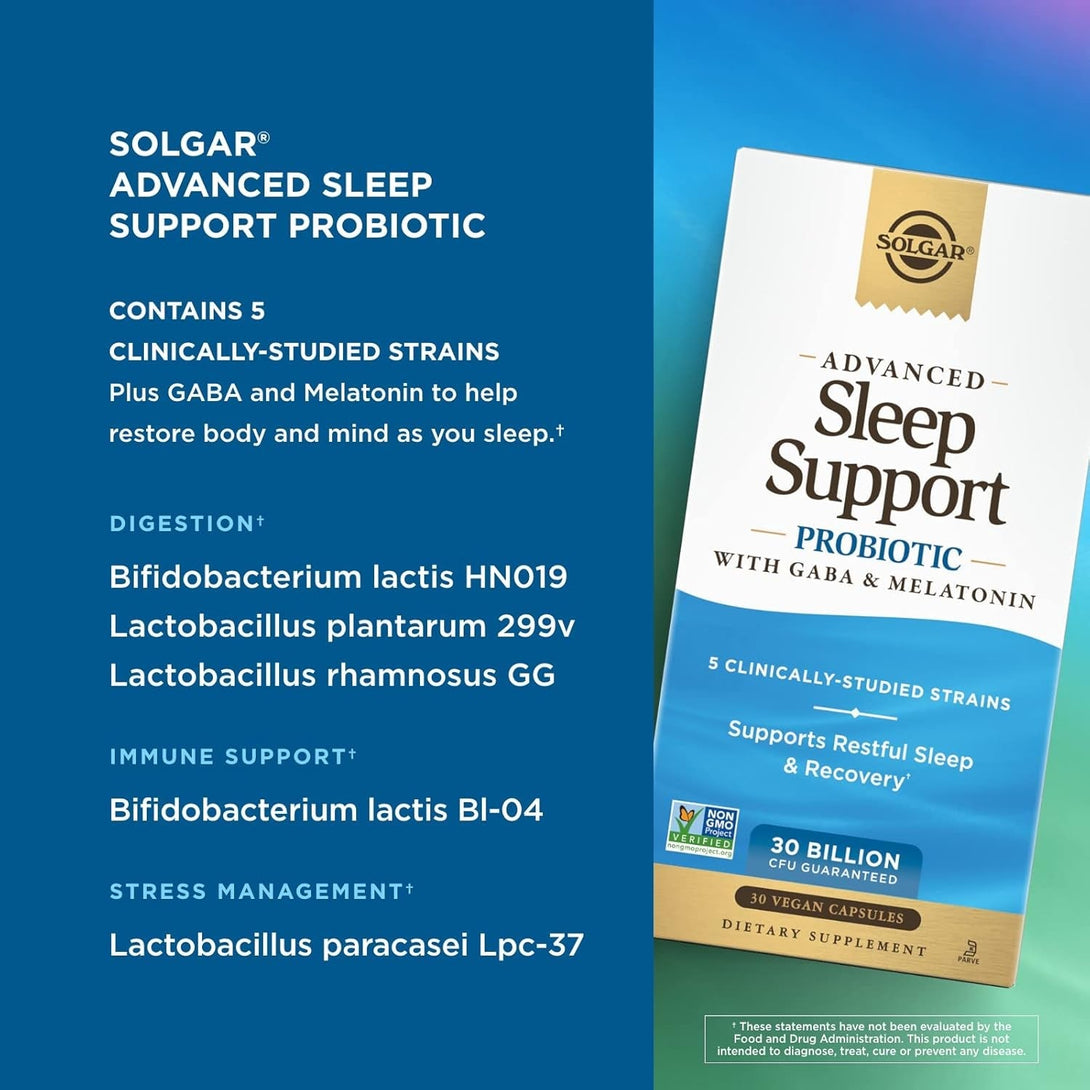 Solgar Advanced Sleep Support Probiotic with GABA & Melatonin, 30 Vegan Capsules - 30 Billion CFU - 5 Clinically-Studied Strains - Support for Restful Sleep & Recovery - Non-Gmo & Vegan, 30 Servings