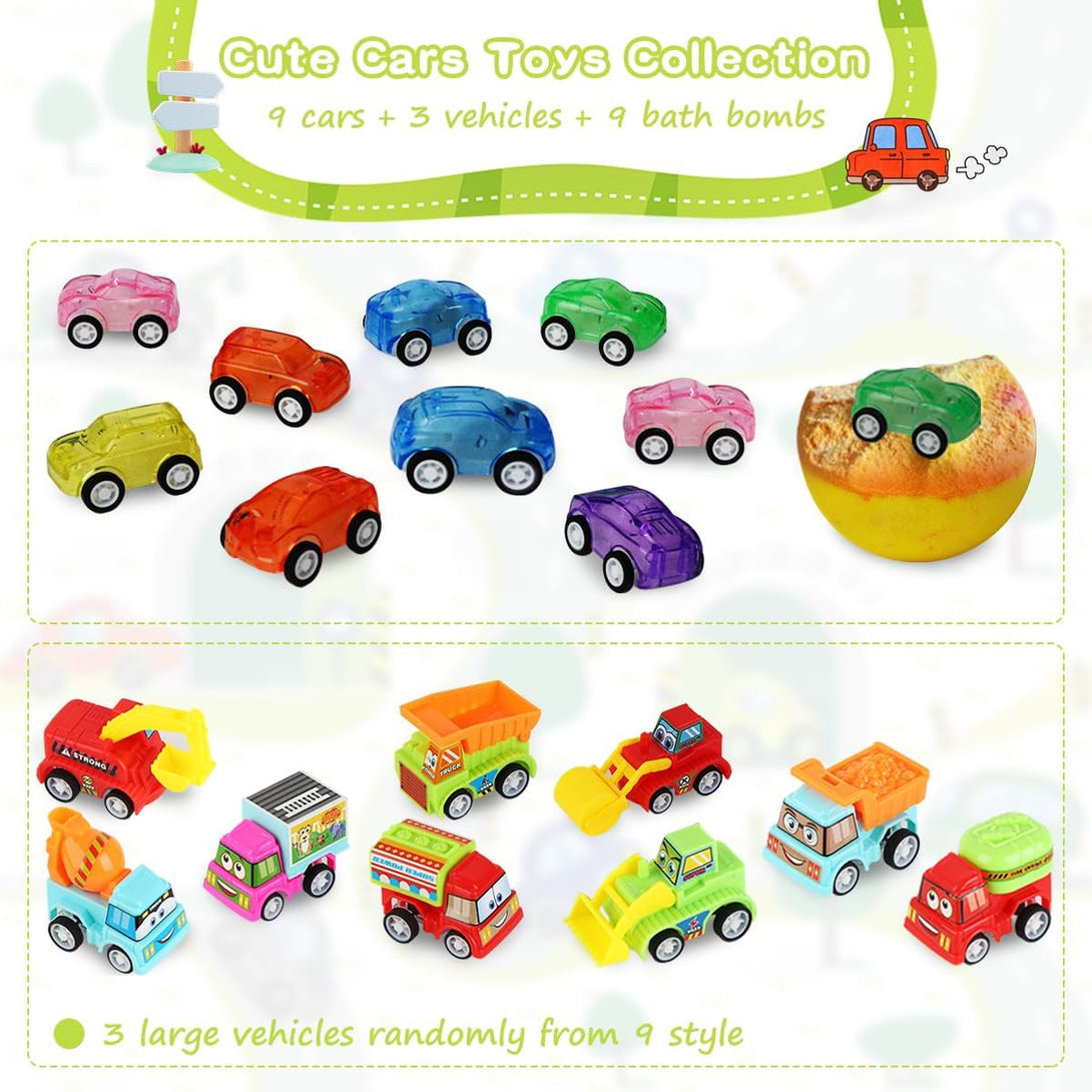 Bath Bombs for Kids with Surprise Inside, 9 Pack Pull-Back Cars Organic Rich Foam Color Bubble Set with 3 Multifunctional Vehicles, Gentle and Kids Safe for Boys Girls Birthday (Package May Vary)