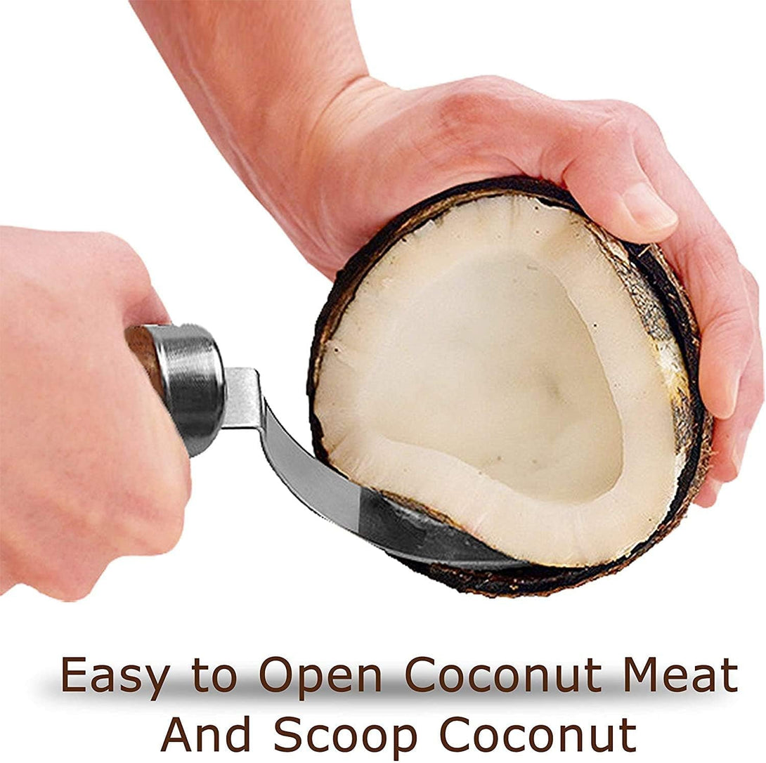 2 PCS Coconut Opener Tool Set Coconut Meat Remover Stainless Steel Coconut Opener Scraper Knife Coconut Punch Tool with Durable Non-Slip Wooden Handle Scraper