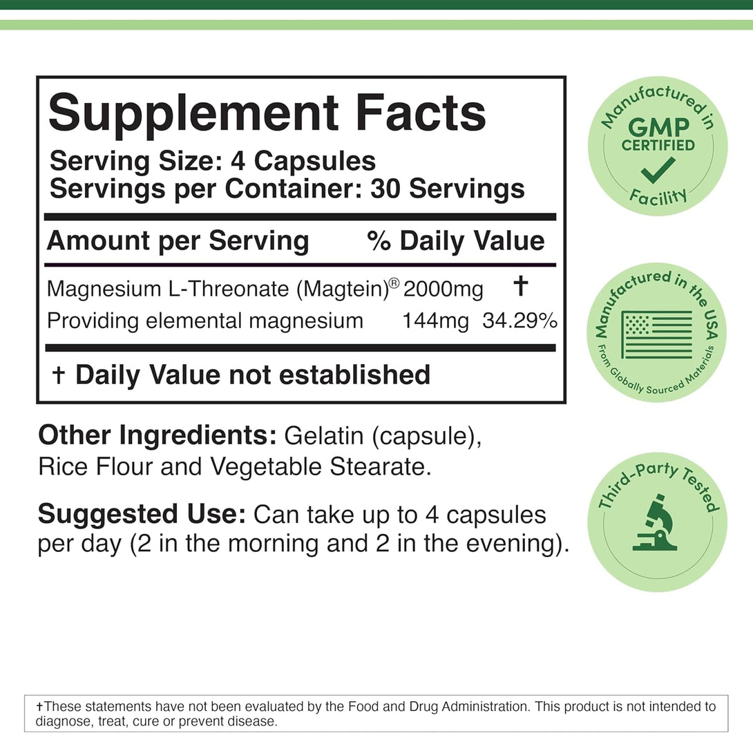 Magnesium L Threonate, Magtein™, Sleep and Cognitive Support – High Absorption – Most Bioavailable Form of Magnesium – 2,000 Mg – 120 Capsules