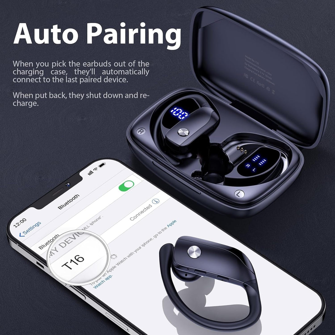 Bmanl Wireless Earbuds Bluetooth Headphones 48Hrs Play Back Sport Earphones with LED Display Over-Ear Buds with Earhooks Built-In Mic Headset for Workout Black
