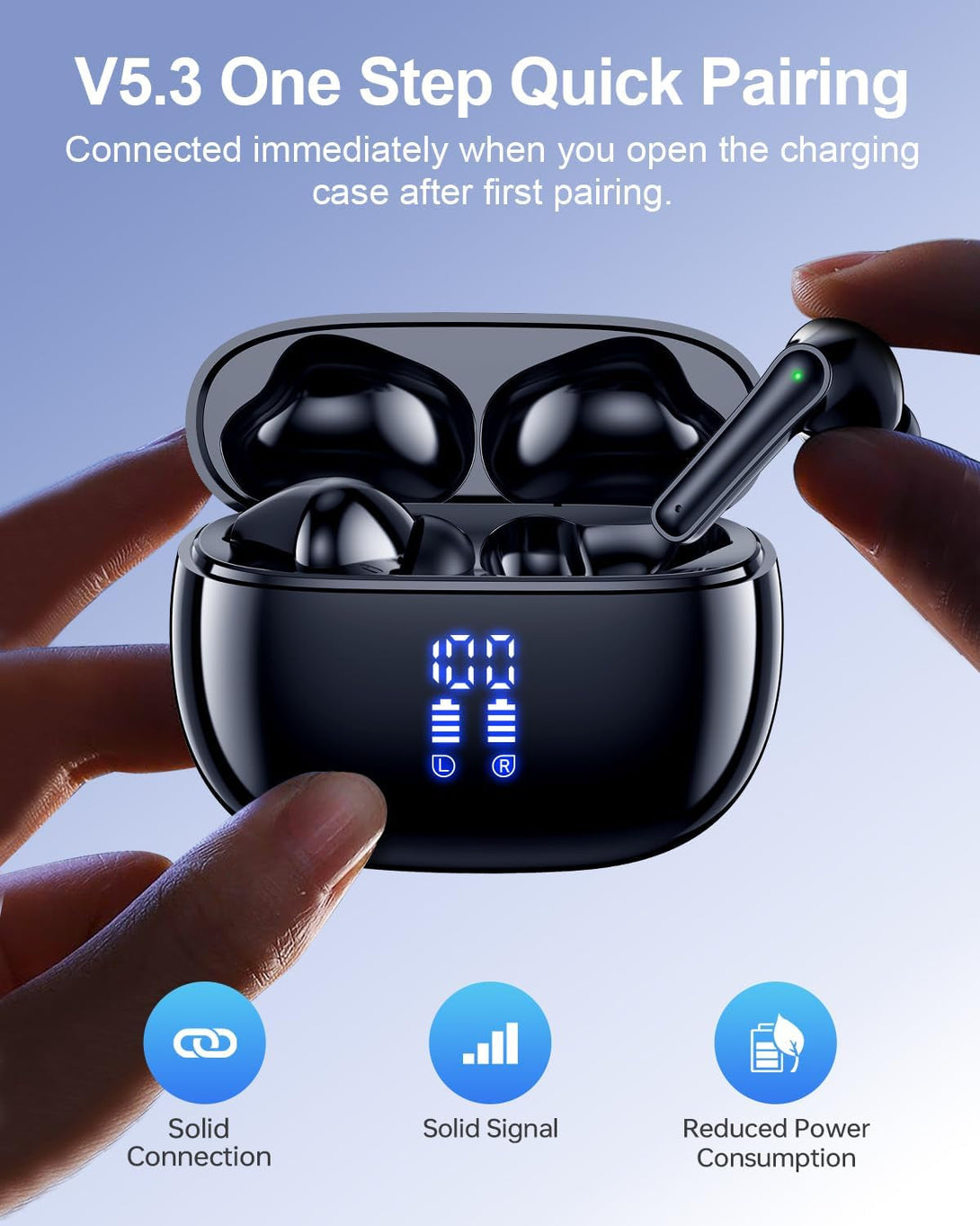 Wireless Earbuds Bluetooth Headphones, Ear Buds with Deep Bass, 40H Long Playtime, LED Power Display, IP7 in Ear Earphone with Mic for Iphone Android Phone Sports Workout, Black
