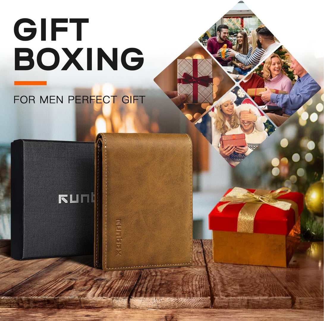 RUNBOX Wallet for Men,Mens Wallet,Slim Leather Bifold,Rfid Blocking 8 Slots Gift Box