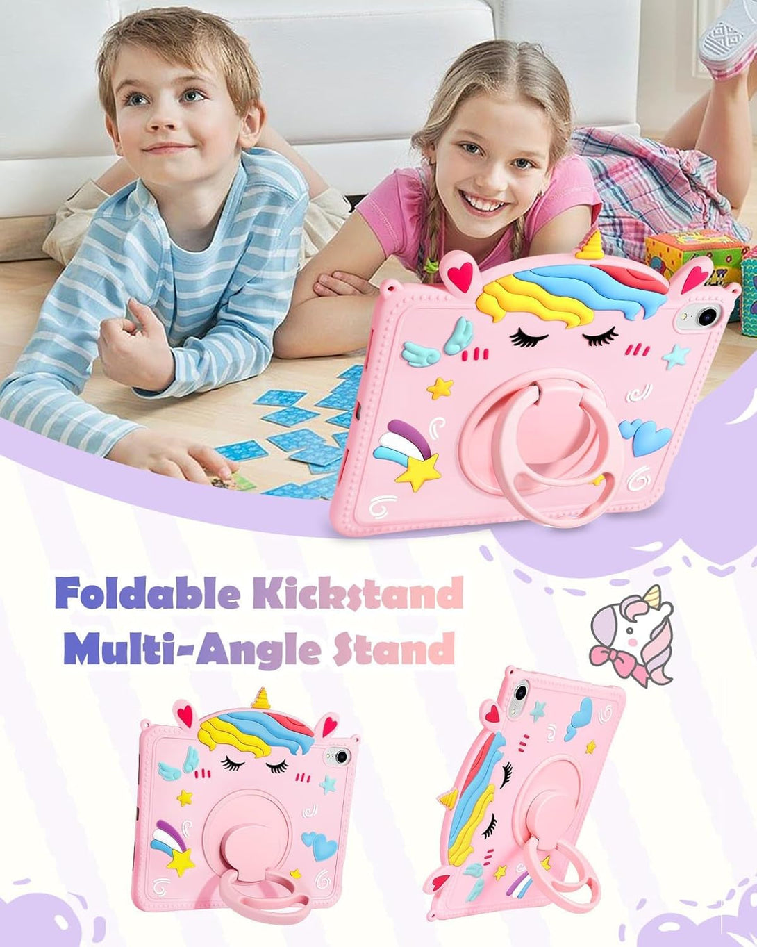 For Ipad Mini A17 Pro/6 Generation Case - 8.3 Inch Mini 7Th/6Th 2021 Gen Case with Pen Holder Cute Cartoon Unicorn Silicone Tablet Cover with Rotating Stand & Strap Girly Teens Girls Funda