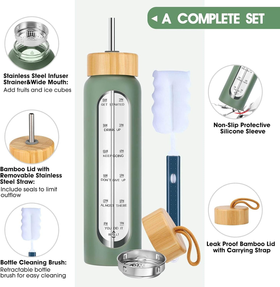 32 Oz Glass Water Bottle with Straw - Motivational Time Marker & Silicone Sleeve - Reusable Tumbler Includes 2 Bamboo Lids & Fruit Infuser - 1 Pack