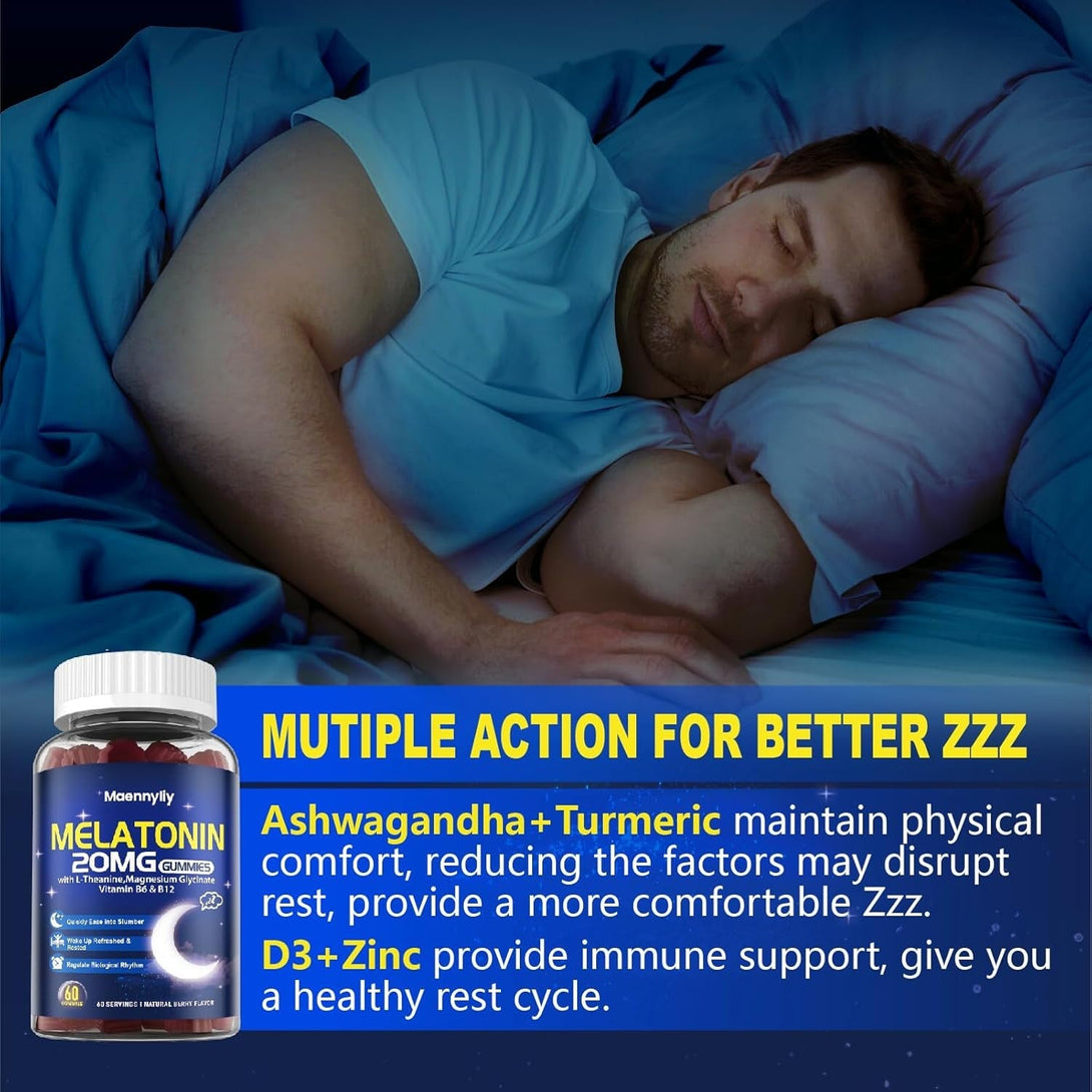 Melatonin 20Mg Gummies for Adults - Sugar Free Melatonin Gummies Extra Strength with L-Theanine, Magnesium, Ashwagandha, Turmeric, D3 & Zinc - Non-Habit Forming