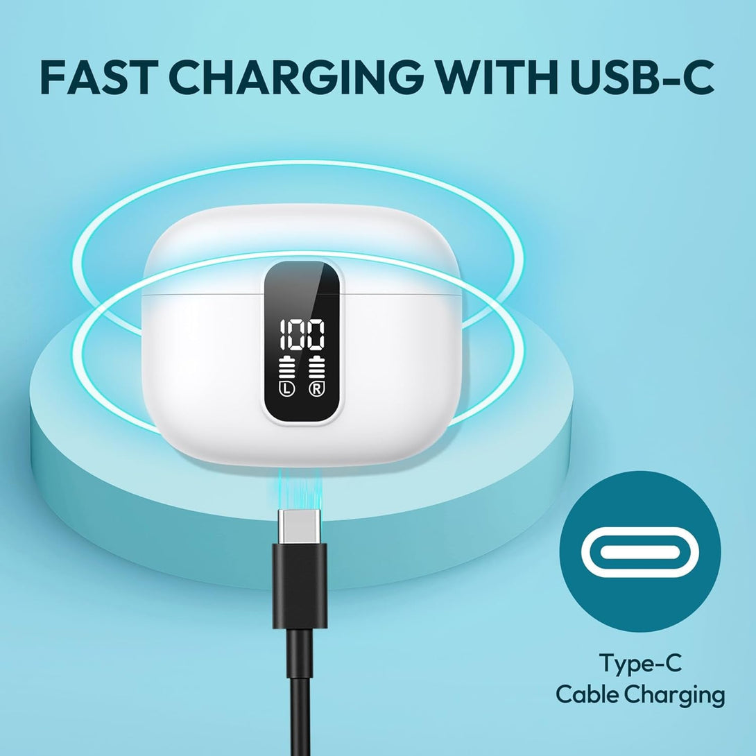 Earbuds Wireless Bluetooth Ear Buds 60H Playback LED Power Display Headphone Wireless Bluetooth IPX5 Waterproof In-Ear Earbuds with Mic for TV Smart Phone Laptop Computer Sports (White)