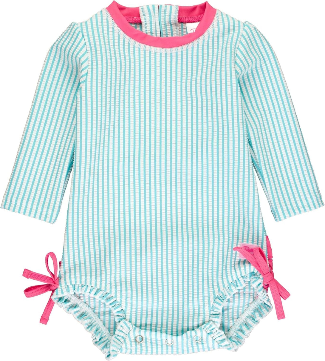 Rufflebutts Baby/Toddler Girls Seersucker Long Sleeve One Piece Rash Guard Swimsuit with UPF 50+ Sun Protection