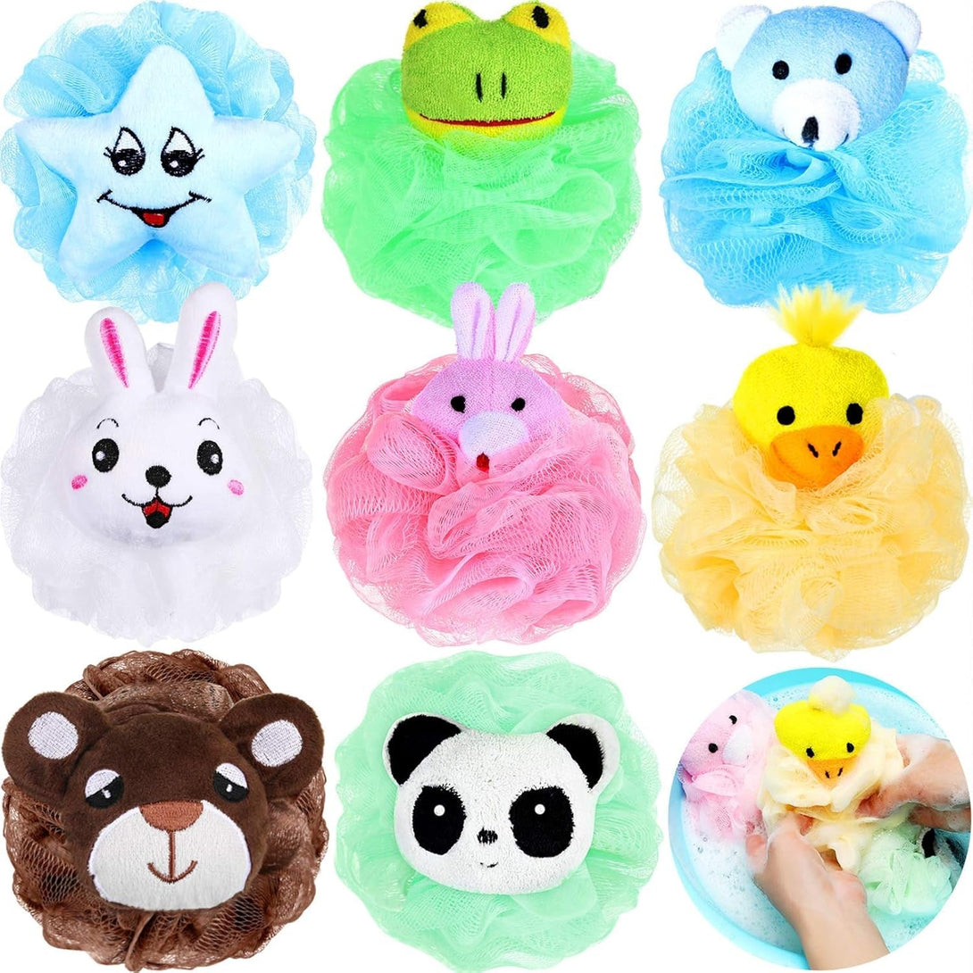 Boao 8 Pieces Kids Bath Loofahs Animal Bath Sponge Cartoon Shower Loofahs Cute Pouf Mesh Body Loofah Colorful Body Scrubber Shower Balls for Boys Girls Adults
