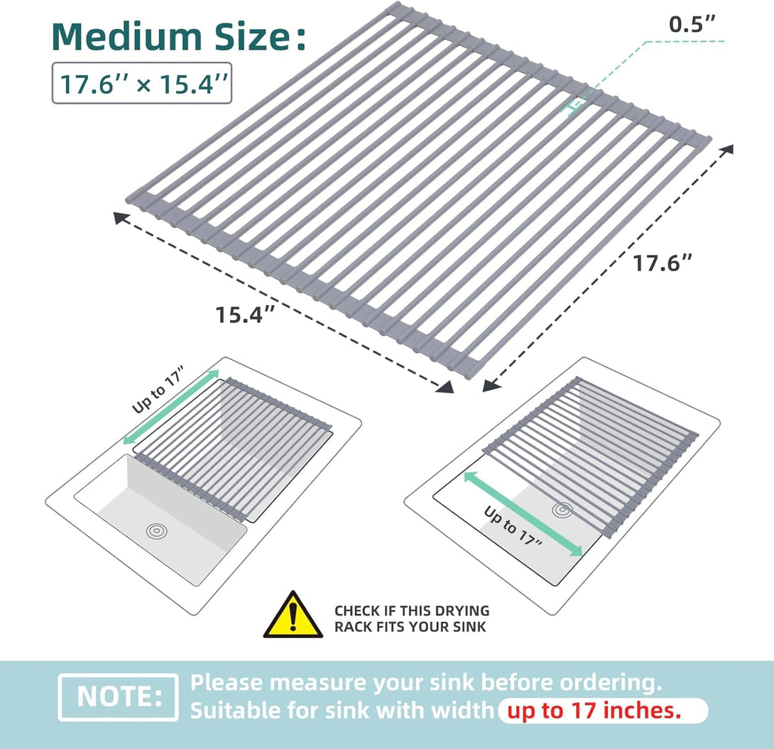Ohuhu over Sink Dish Drying Rack, Silicone Wrapped 17.6" W X 15.4" L Large over the Sink Roll up Dish Drainer - Foldable Sink Drying Rack Rolling Drain Mats Anti-Slip Multipurpose for Kitchen Counter