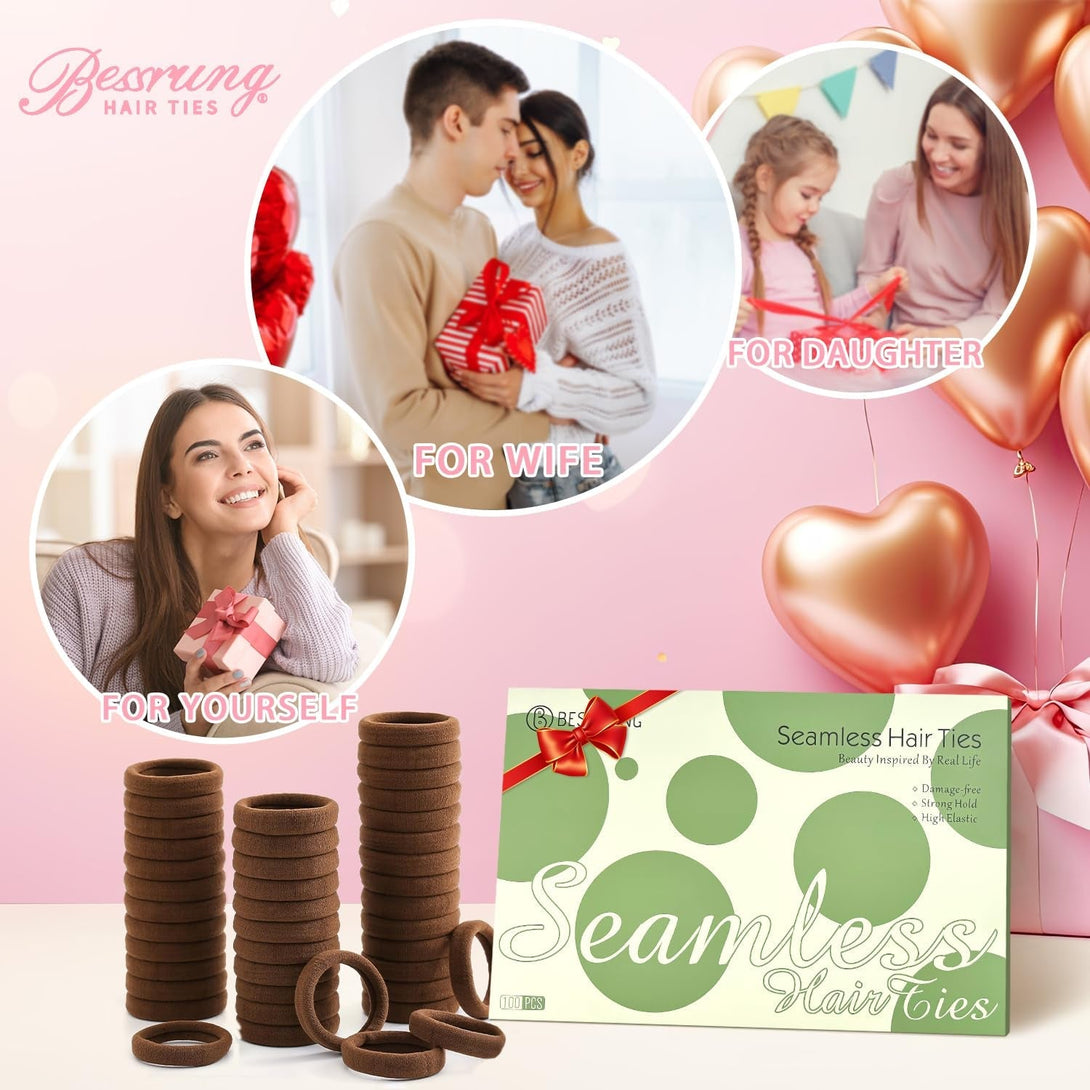 100 Pcs Thick Seamless Hair Ties, Ponytail Holders Hair Accessories No Damage for Thick Hair (Dark Brown Colors)