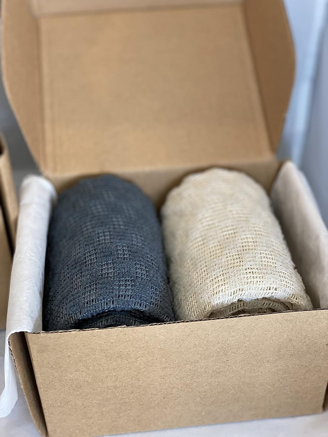 Extra Long Exfoliating Shower Towel Washcloth (Medium Exfoliate) - Dark Gray & Bone - (2 Pack)