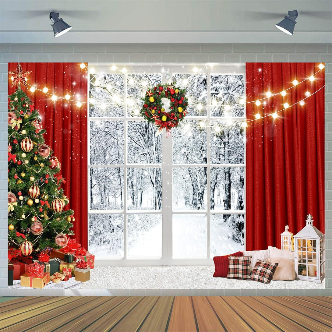 CYLYH 7X5Ft Christmas Window Backdrop for Photography Winter Snow Scene Xmas Party Decorations Background Christmas Festival Party Banner Backdrop