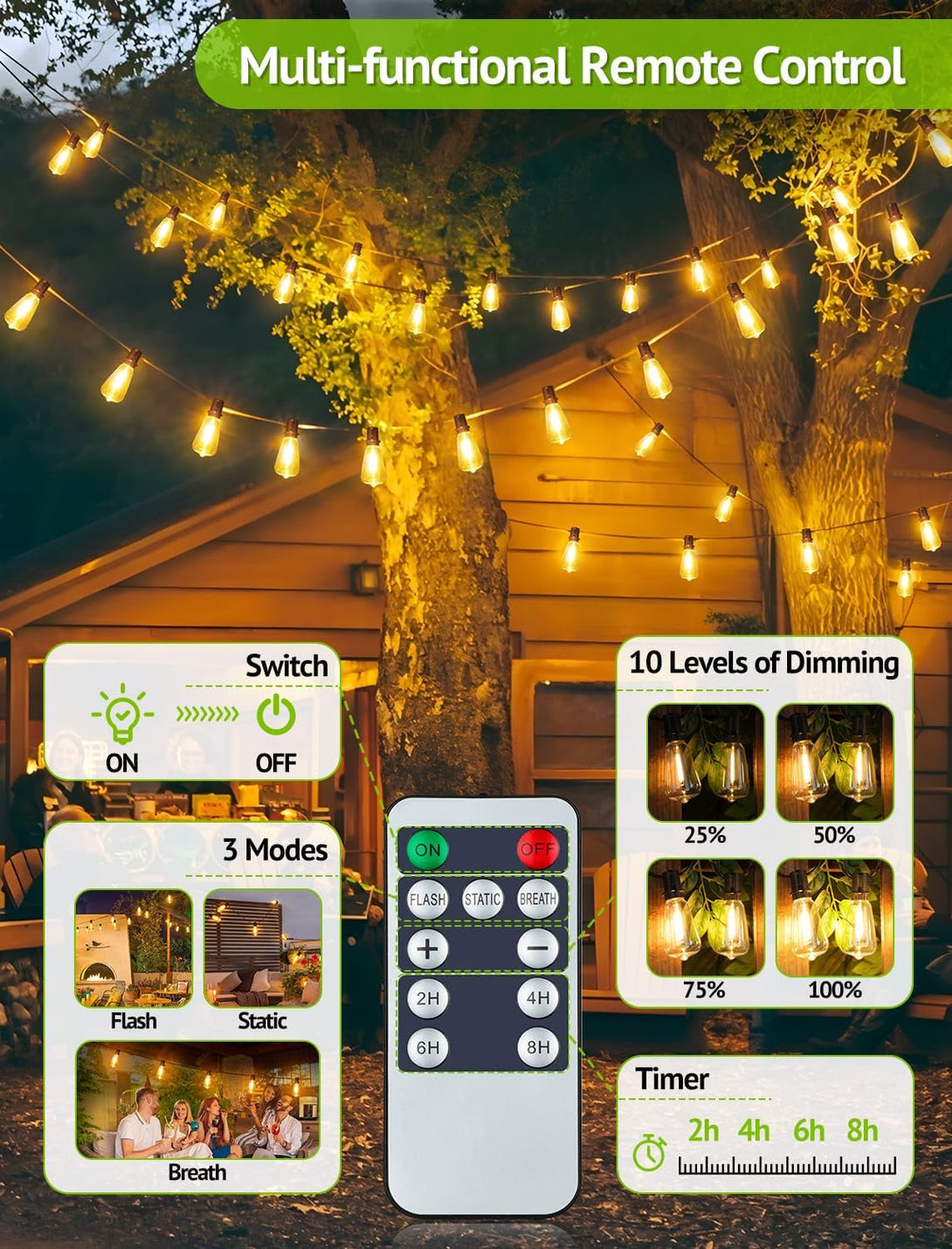 48FT Solar String Lights Outdoor with Remote, Waterproof Dimmable Patio Lights with 18+1 LED ST38 Bulbs 3 Modes Hanging Lighting for Backyard