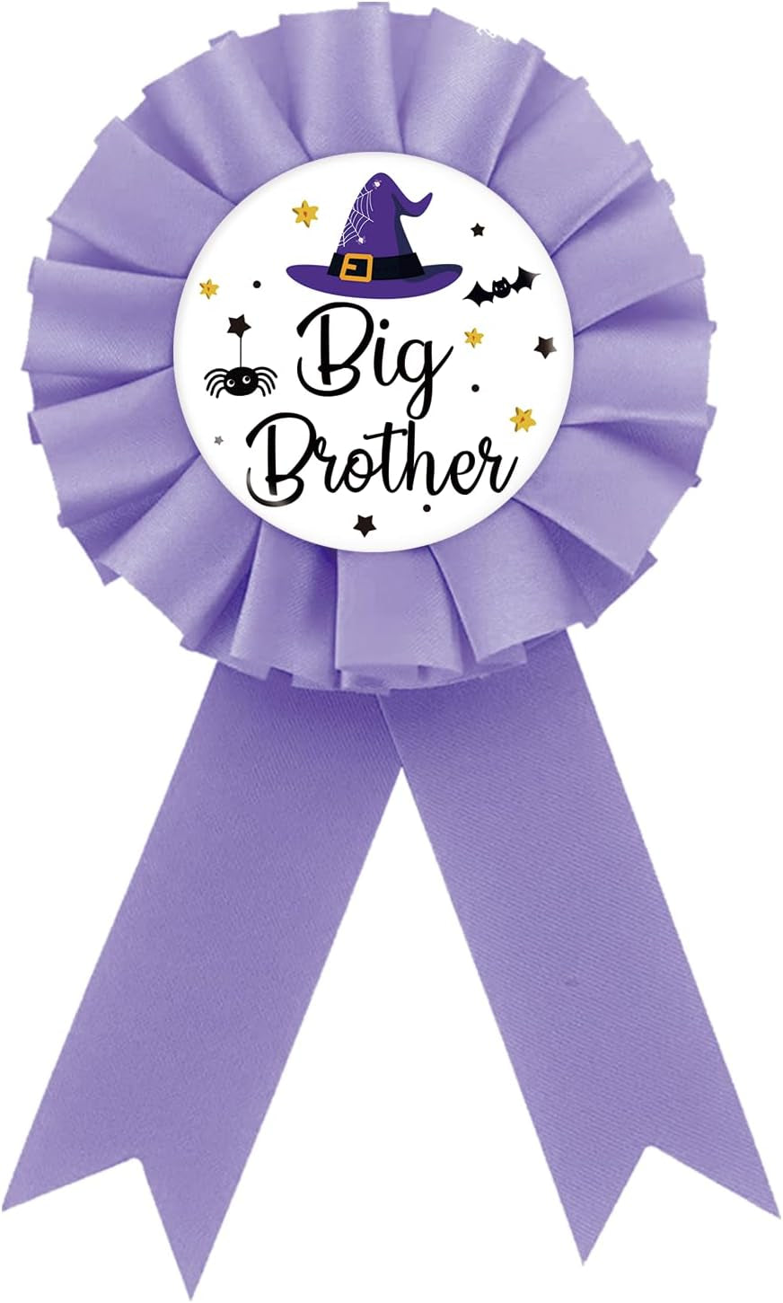 Halloween Big Brother Tinplate Badge Pin, Brother to Be Button Pin, Witch Birthday Boy Award Ribbon, Purple Rosette Badge for Baby Shower, Halloween Themed Boy Birthday Party Supplies