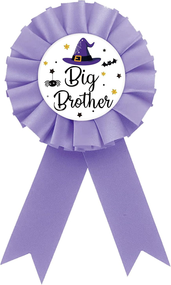 Halloween Big Brother Tinplate Badge Pin, Brother to Be Button Pin, Witch Birthday Boy Award Ribbon, Purple Rosette Badge for Baby Shower, Halloween Themed Boy Birthday Party Supplies