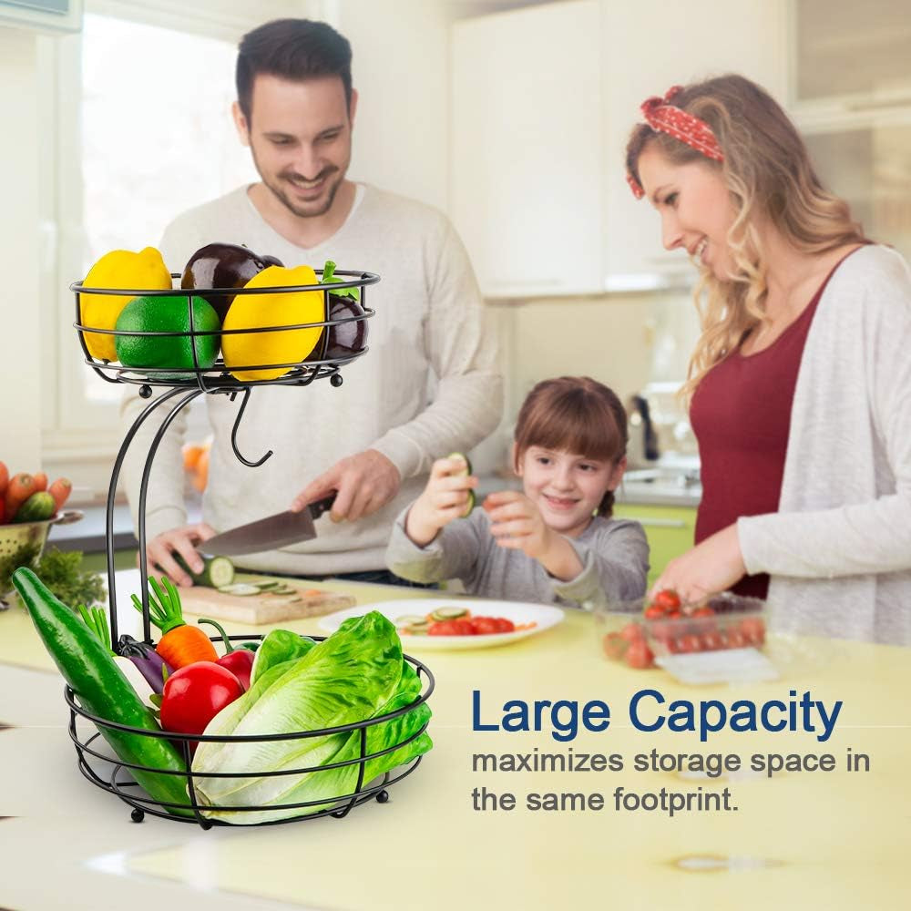 Auledio Iron 2-Tier Countertop Fruit Vegetables Basket Bowl Storage with Banana Hanger, Black, 64 Ounces