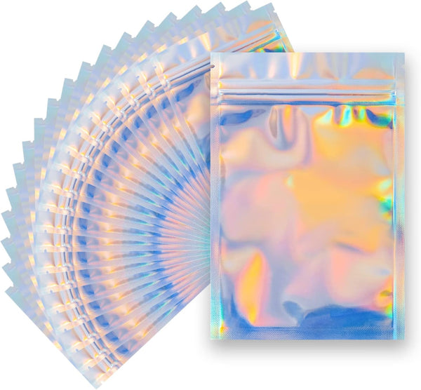 100 Pieces Resealable Smell Proof Bags - 4 X 6 Inches Foil Pouch Bags， Flat Clear Food Storage Bags Plastic Packaging Foil Mylar Bags for Party Favor Food Storage (Holographic Rainbow Color)