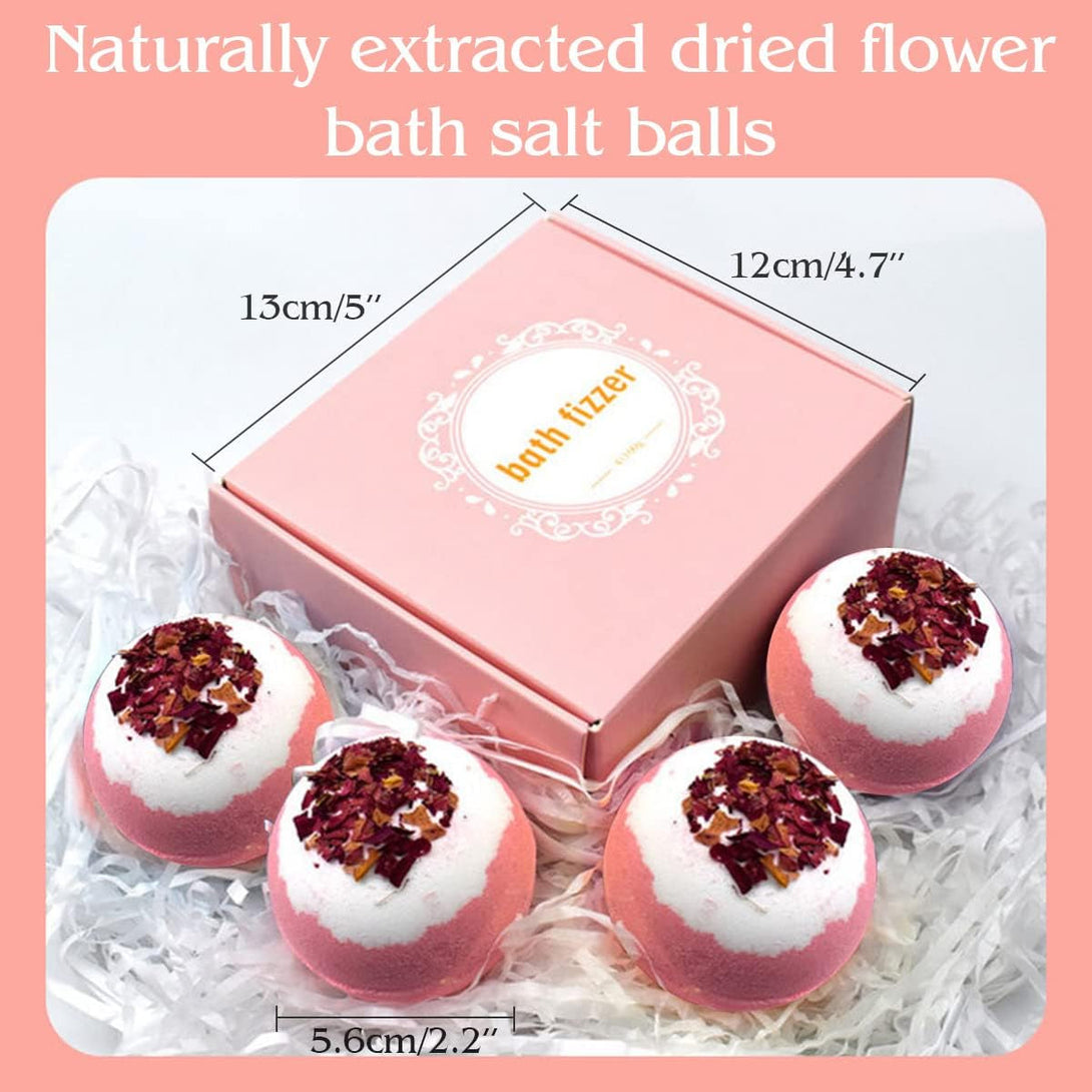 Dried Flower Bath Bombs Salt Balls,4 Pack Gift Set,Rose Extract Essential Oils,Moisturizing Dry Skin,Fizzy Spa,Relaxation,Self Care,Relaxing,Bubble Bath Bomb Gifts Idea for Men Women