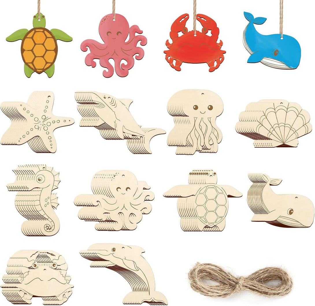 80PCS Wooden Sea Ornaments to Paint, 10 Styles DIY Blank Unfinished Wood Ocean Whale Seahorse Octopus Starfish Dolphin Turtle Shark Crab Cutouts Ornament for Crafts Hanging Decorations Summer