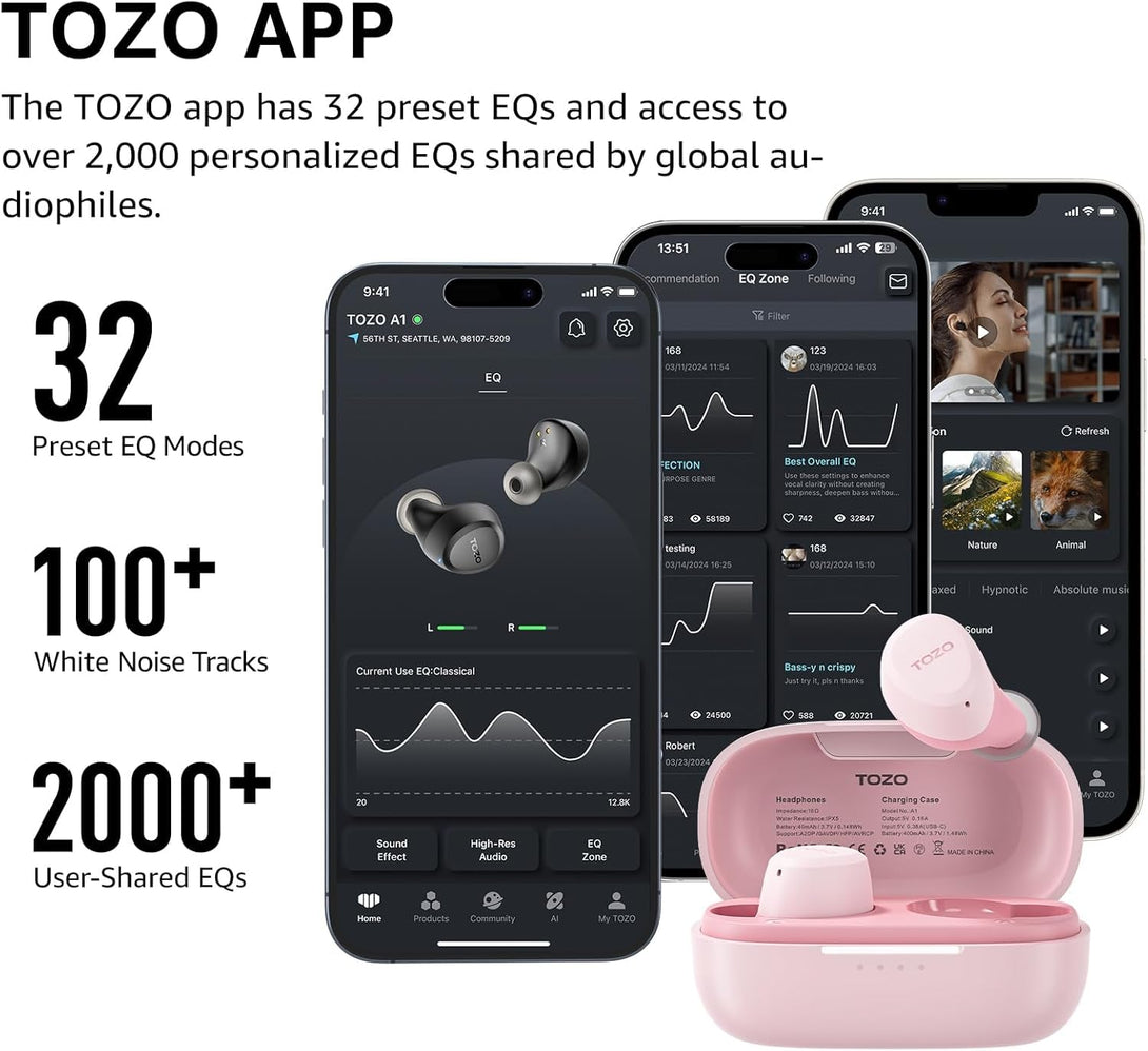 TOZO A1 Wireless Earbuds Bluetooth 5.3 Light Weight in Ear IPX5 Waterproof Headphones 2 Mic for AI Calls, Immersive Premium Sound Bass Headset with Charging Case, 32 Presets EQ Customization via App