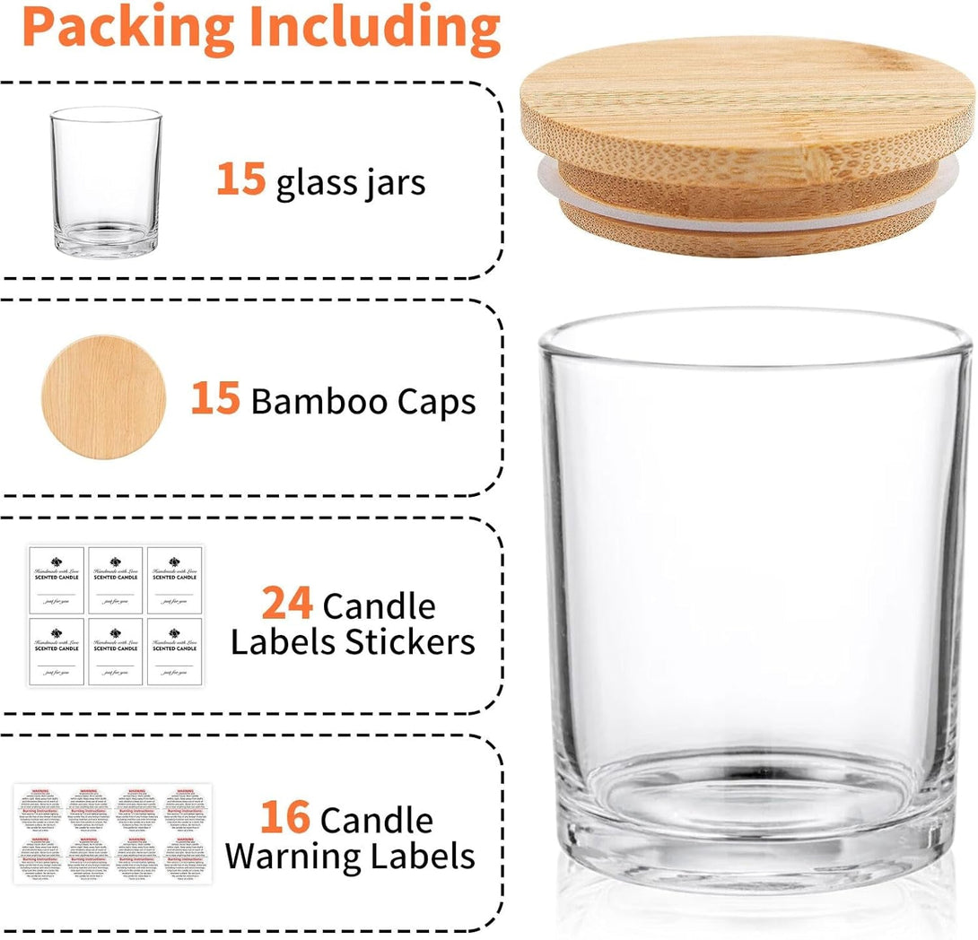 15 Pack Clear Empty Candle Jars with Bamboo Lids and Sticky Labels, Bulk Jars for Making Candles Containers - Dishwasher Safe,Glass, 7Oz