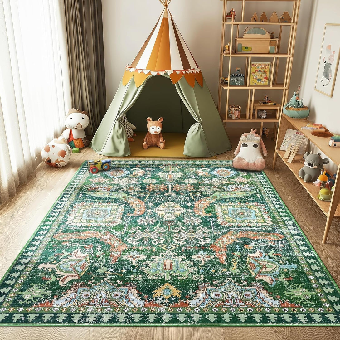 5X7 Ft Green Washable Area Rug, Non-Slip Soft Boho Indoor/Outdoor Rug for Bedroom, Living Room, Kitchen, Patio, Office, Entryway, Kids, & Runners