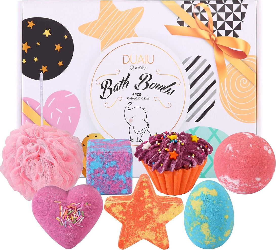 DUAIU 6Pcs Fizzy Bubble Bath Bombs for Kids & Women - Organic Natural Kids Bath Bomb Gift Set with Essential Oils, Fruit Fragrance and a Bathing Mesh Ball
