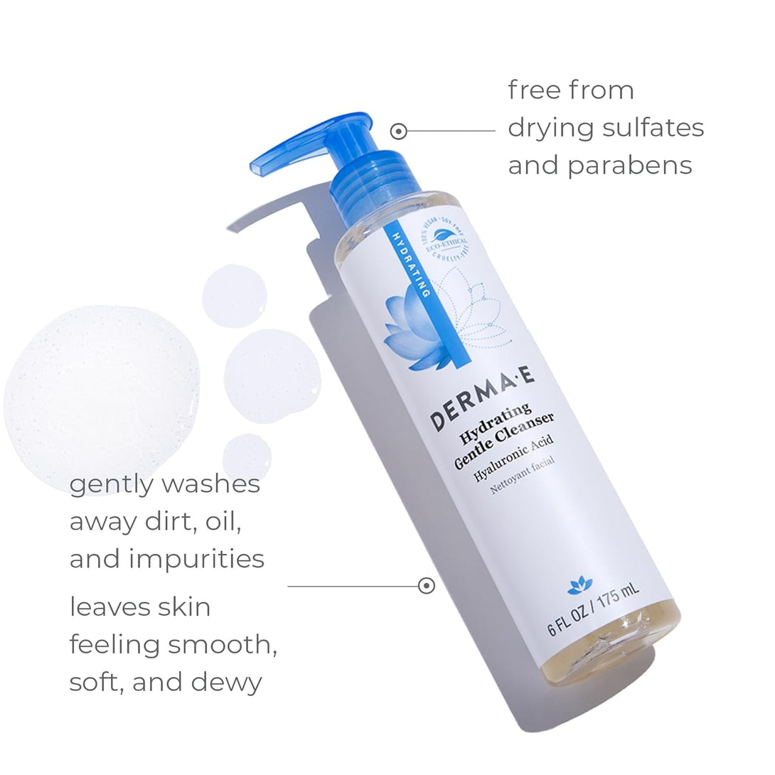 Derma E Hydrating Gentle Cleanser with Hyaluronic Acid – Moisturizing Facial Cleanser Tones, Moisturizes & Improves Skin Texture – Gently Exfoliating Face Wash, 6 Fl Oz