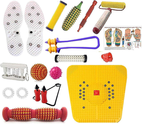 Acupressure Massager & Sujok Therapy Tools Combo Kit for Stress and Pain Relief (Natural Care) with Bio-Magnetic Power Foot Mat & Shoe Sole (Cut to Size) + Foot Roller-Pyramidal Cuts -Wooden