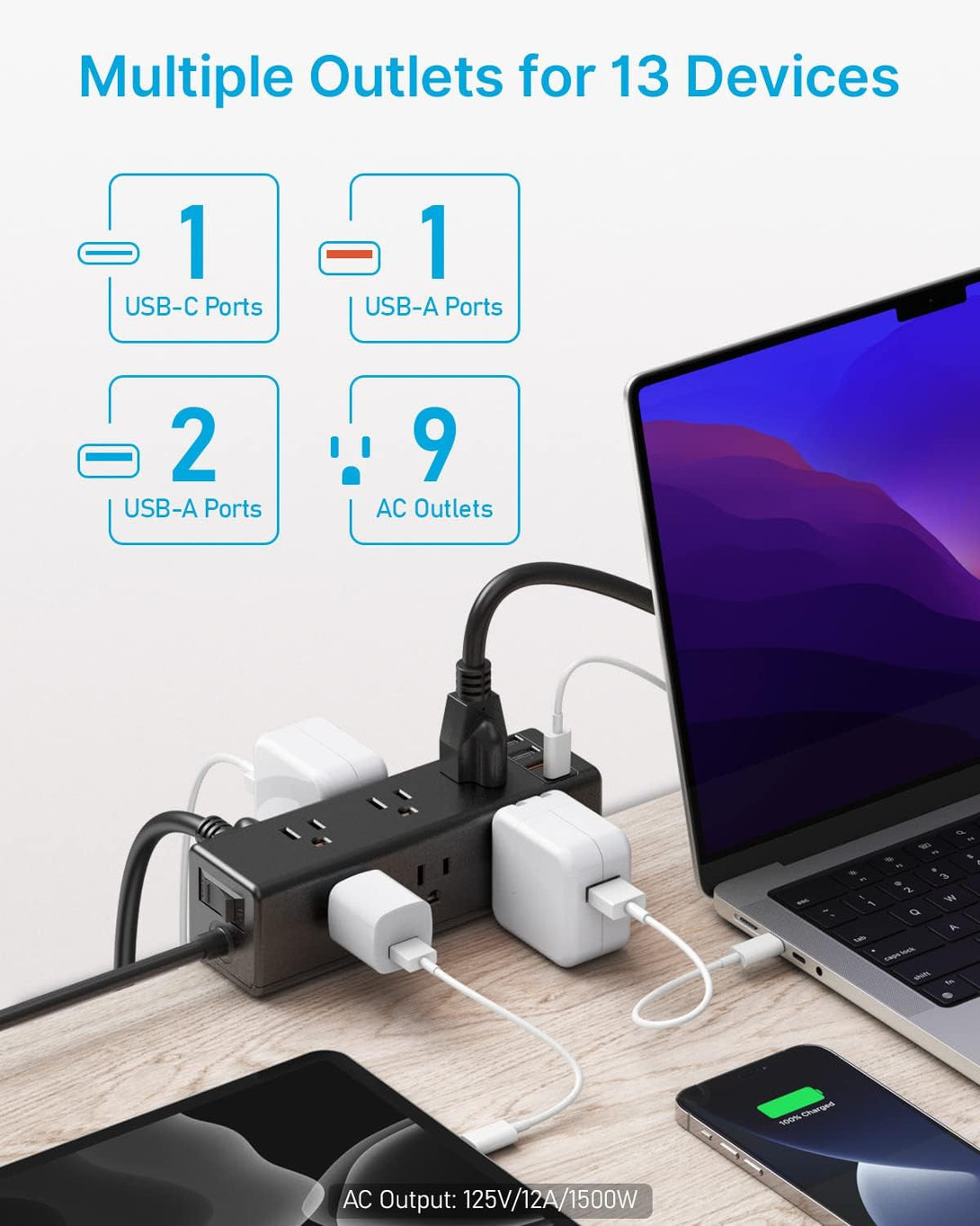CCCEI Desk Clamp Power Strip with 9 Outlets, Desktop Edge Mount Surge Protector with USB-A and USB-C Ports, Widely Spaced Desk Outlet Fast Charging Station, 6 FT Flat Plug, Fit 1.6 Inch Table.