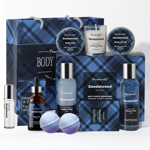PEARLWORLD Bath Set with Ocean Scented Spa Gifts for Men, Christmas Birthday Self Skin Care Set for Men, Spa Gift Baskets for Him, 12Pcs Men'S Spa Kit Gifts for Bath Spa