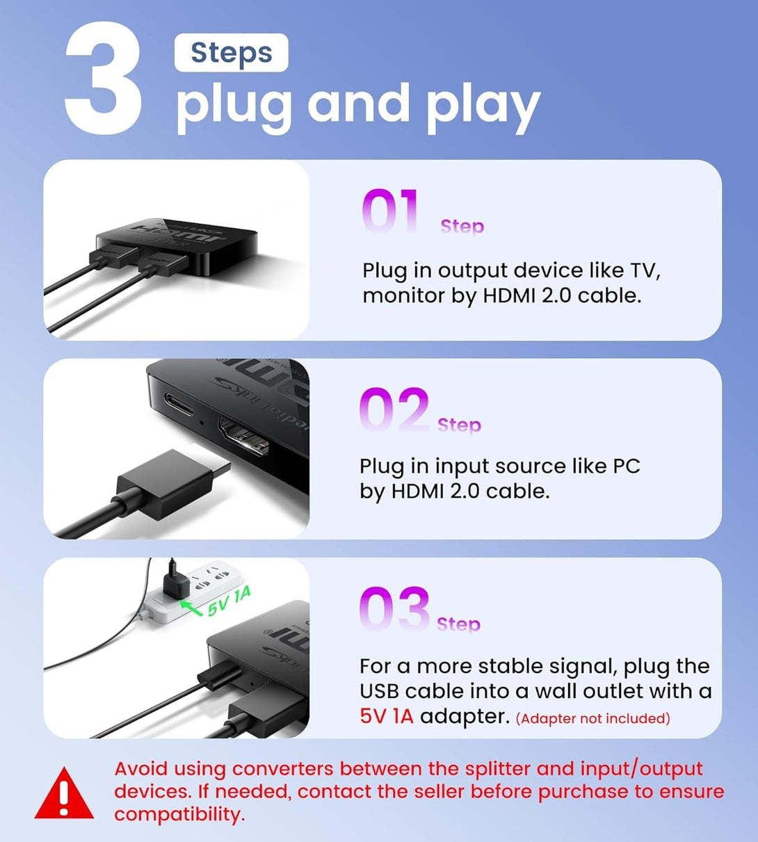 Avedio Links HDMI Splitter 1 in 2 Out [With 4 Ft Hdmi Cable] Not for Extended Mode-Mirror Same Screen Only, 4K 1X2 HDMI Splitter 1 to 2 for 3D 1080P@60Hz, Copy 1 Source to 2 Displays at the Same Time