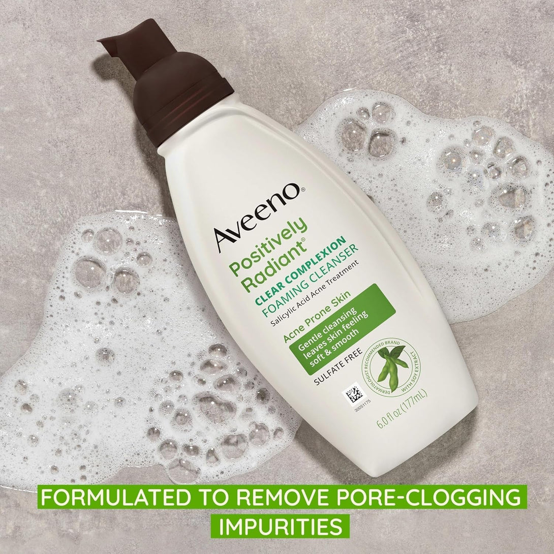 Aveeno Clear Complexion Foaming Oil-Free Facial Cleanser with Soy Extract & 0.5% Salicylic Acid, Acne Treatment Face Wash for Acne-Prone Skin, Sulfate-Free & Hypoallergenic, 6 Fl. Oz