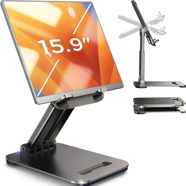 LISEN Tablet Stand for Ipad Stand Holder Desk, Foldable Home Office Desk Accessories Travel for Ipad Holder Dorm College Essentials Portable Monitor Stand Fits Tabs Kindle Iphone 4-15.9" Black